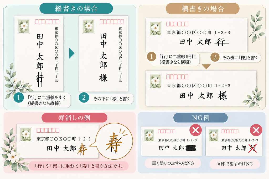 宛名の「行」は「様」に書き換える