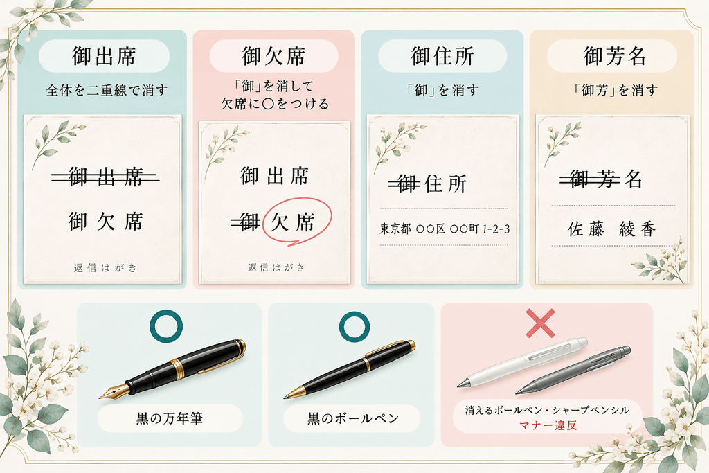 「ご欠席」の「ご」や「御芳名」の「御芳」は二重線で消す