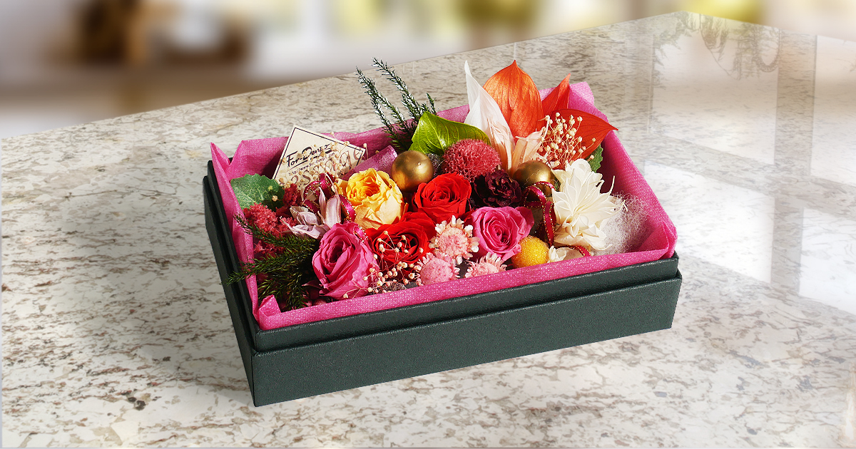 彩りフラワーボックス電報｜華やかに贈るプリザーブドフラワー電報