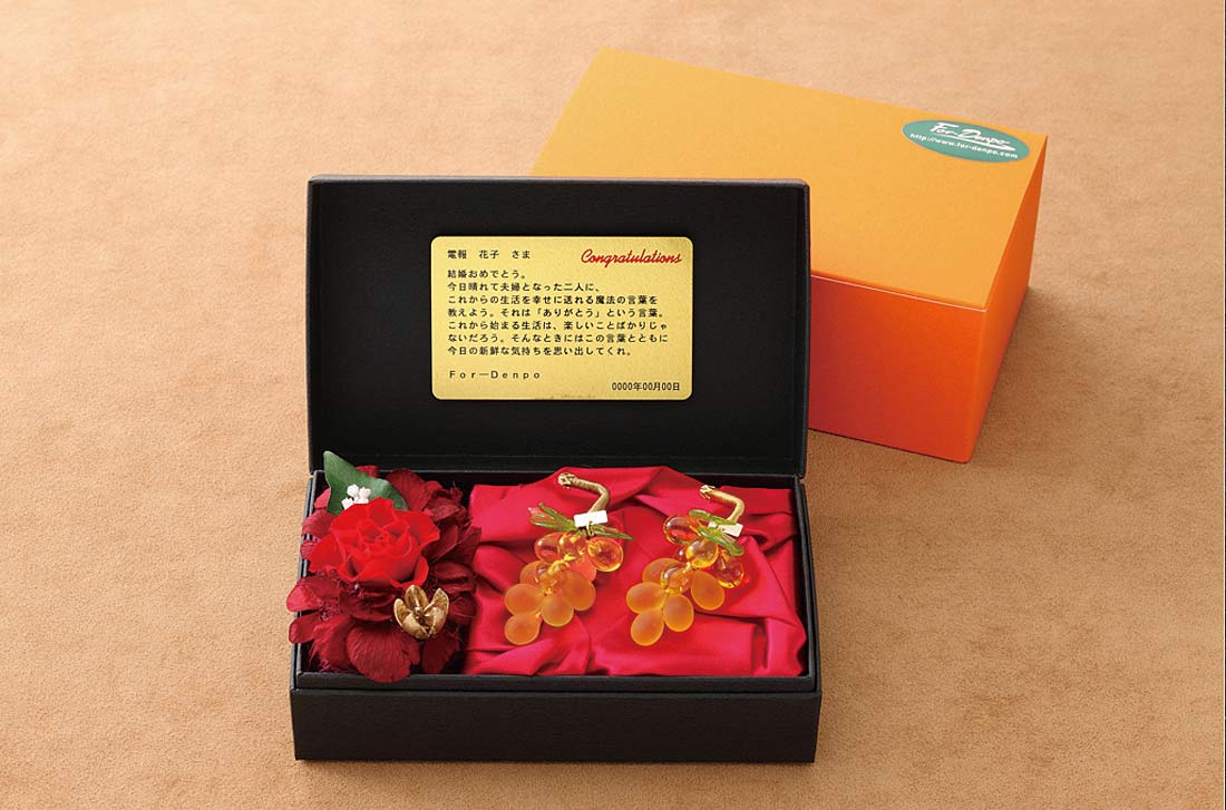 「グレープ　オレンジ＆オレンジ」の電報のベネチアン専用プリザ付きのブラックボックス内側のイメージ画像