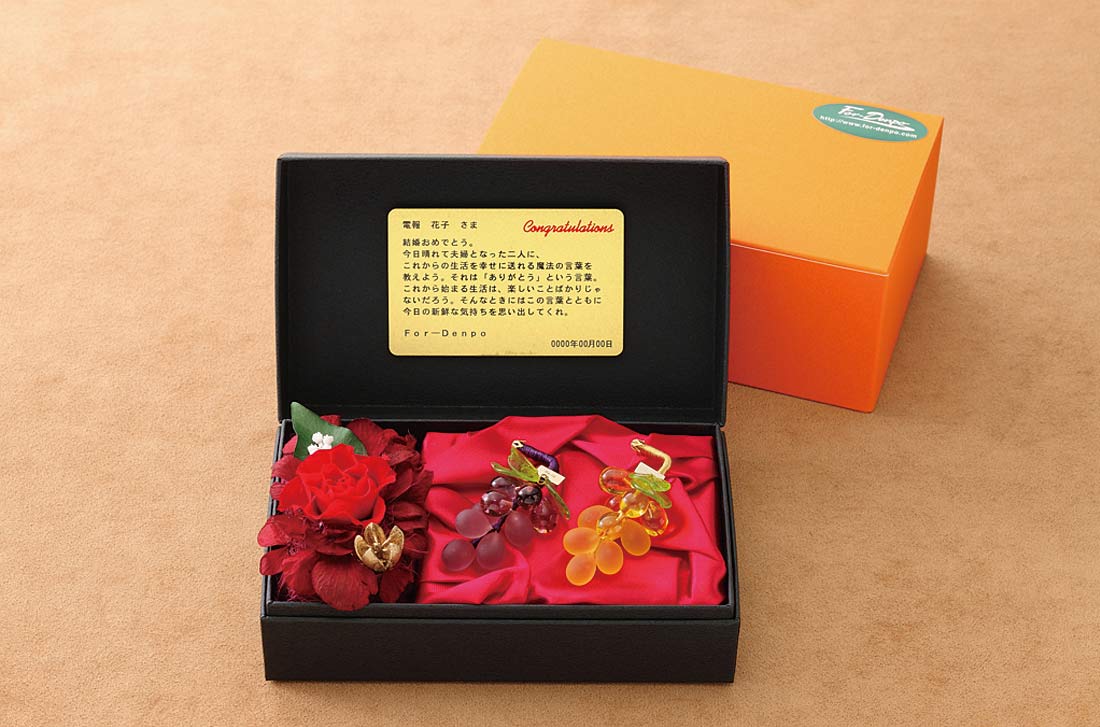 「グレープ　パープル＆オレンジ」の電報のベネチアン専用プリザ付きのブラックボックス内側のイメージ画像