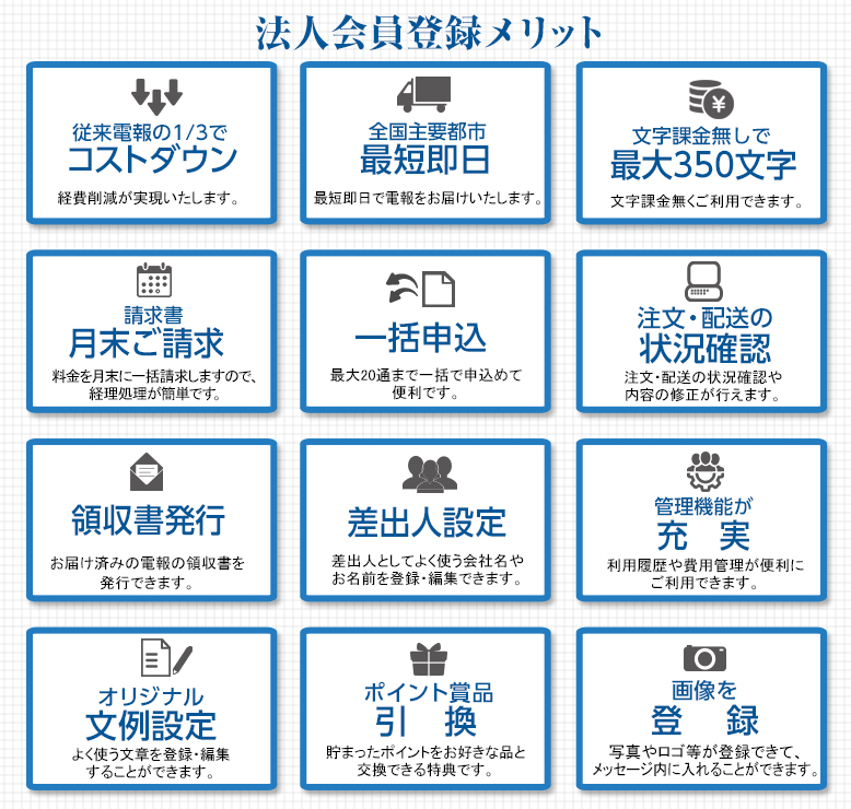 法人会員は従来電報の1/3で経費削減が可能で、請求書払いにも対応。よく使う文例や差出人名を登録でき、電報の申込みが簡単になります。